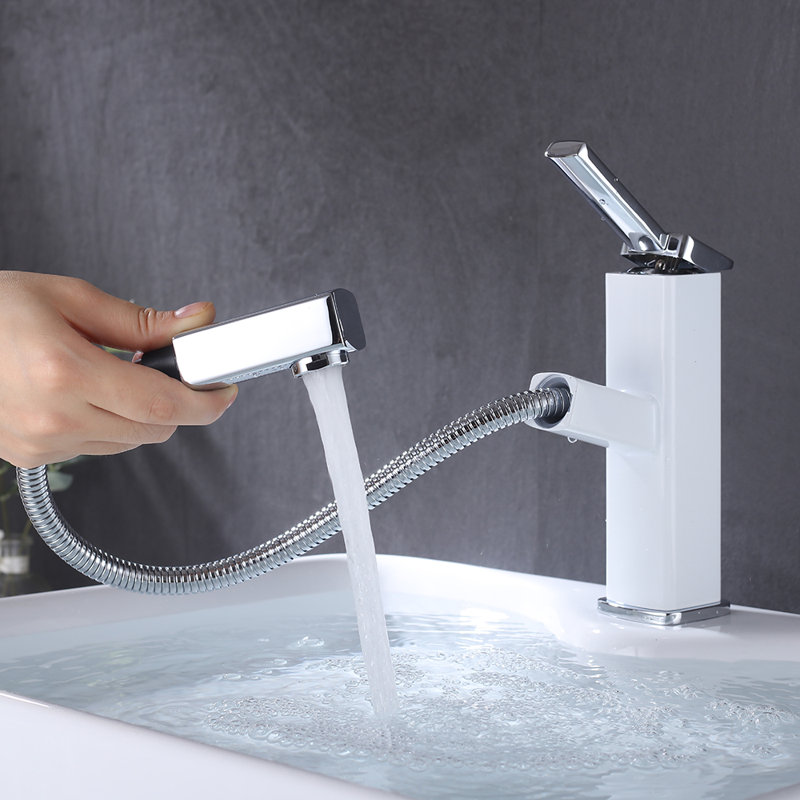 White Single Handle Bathroom Faucet With Pull-Out Sprayer, White, Regular