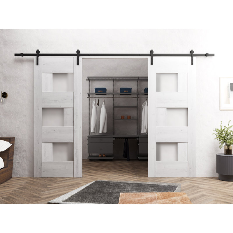 Sturdy Double Barn Door | Sete 6933 Matte Black With Frosted Glass | 13FT Rail Hangers Heavy Set | Solid Panel Interior Doors