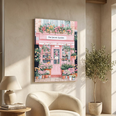 Flower shop "The Secret Garden" adorned with vibrant blooms Canvas Wall Art - Pastel watercolor art style. Modern Painting - 1" Deep Gallery Wrapped - 24" x 36"