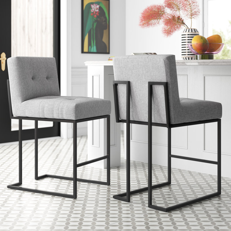 Tabouret de comptoir rembourré en acier inoxydable Privy, Velours gris pâle