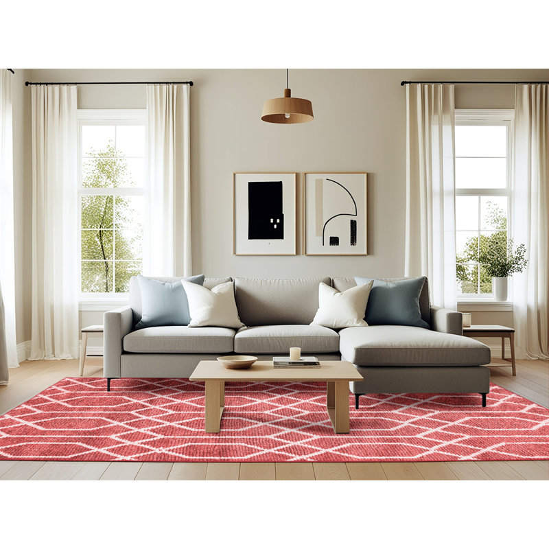 Tapis géométrique tissé à la machine en rouge, Rectangle 6 pi x 9 pi