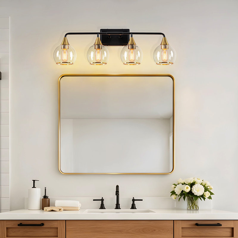 Éclairage pour salle de bain moderne à 4 lumières avec abat-jour en verre transparent, Noir mat / Or