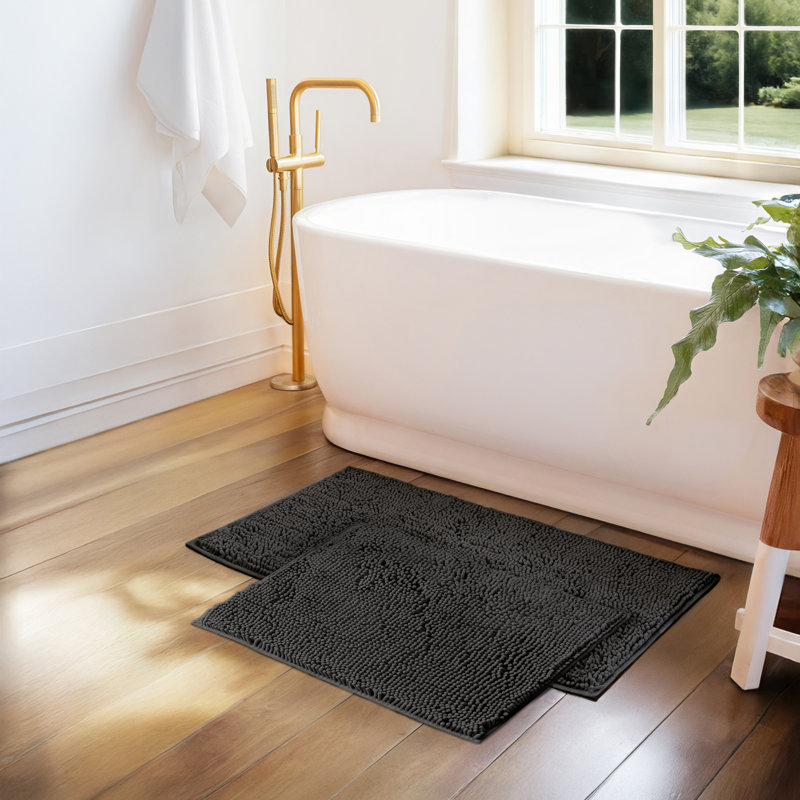 Soft Absorbent Chenille Bath Mat Rug with Anti-Skid Rubber Backing, Gray, Set of 2 - 24" L x 17" W | 34" L x 21" W
