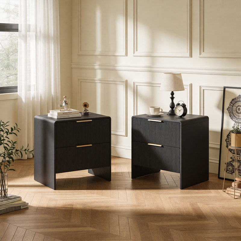 Table de chevet à 2 tiroirs et texture cannelée l 22 po Arcen (ensemble de 2), Ensemble de 2, Noir