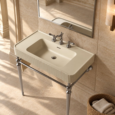 Lavabo de console de salle de bain cannelé avec cuve intégrée à surface solide, pieds en métal rétro et barre à serviettes