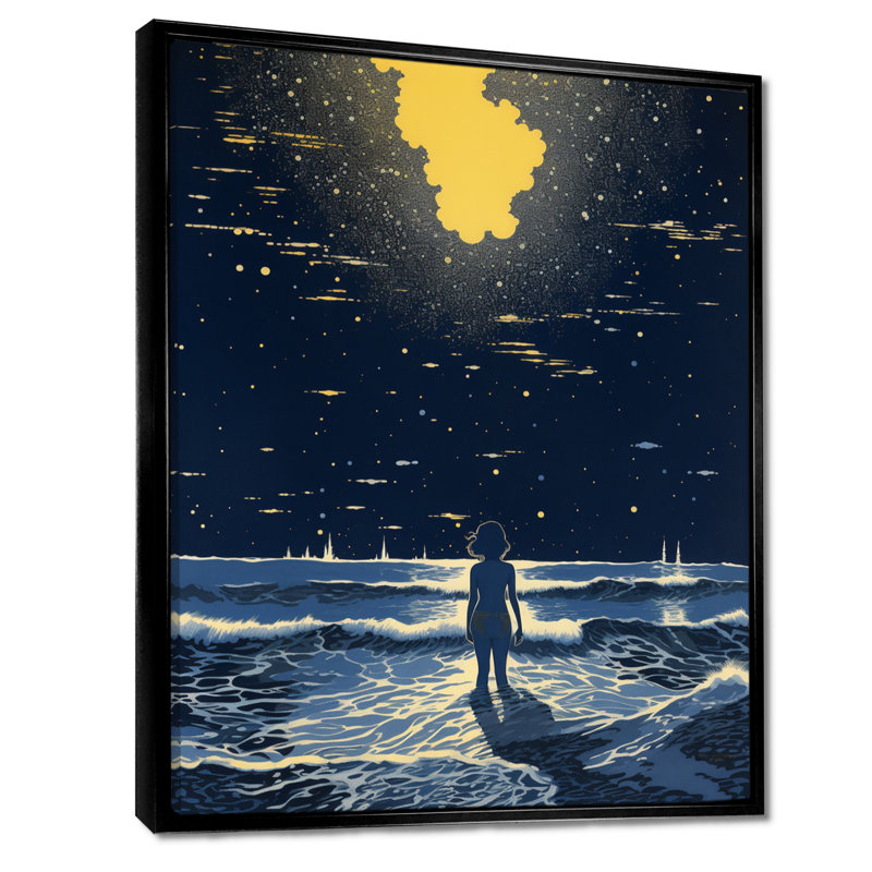 Âmes marchant avec lumière, océan, pleine lune, vagues II - paysage abstrait, art mural, salon, H 20 po x l 12 po x P 1 po