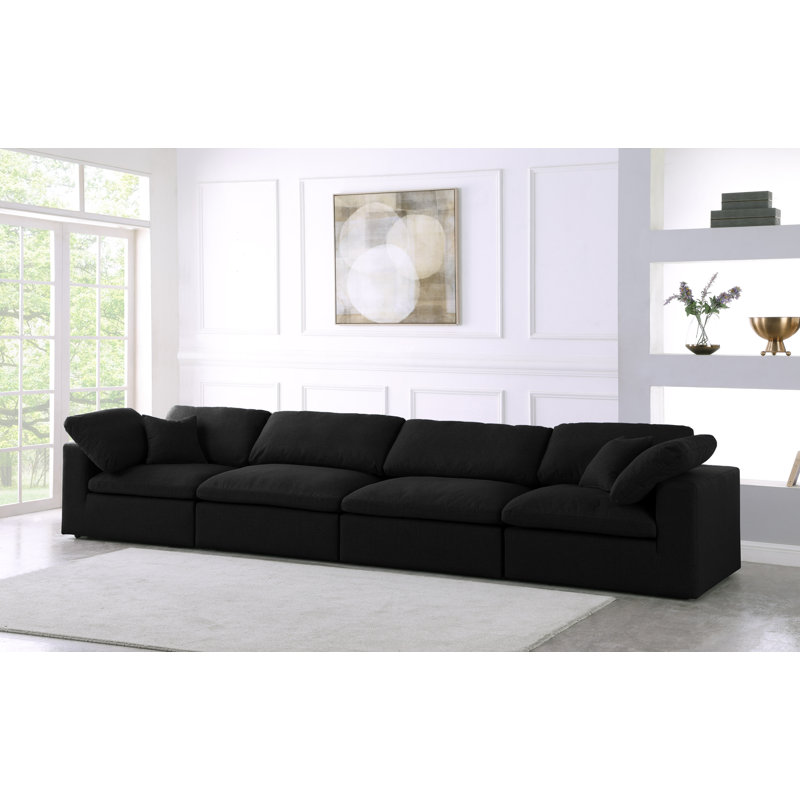Canapé modulaire à accoudoirs carrés avec coussins réversibles Burrows, Tissu texturé en lin noir