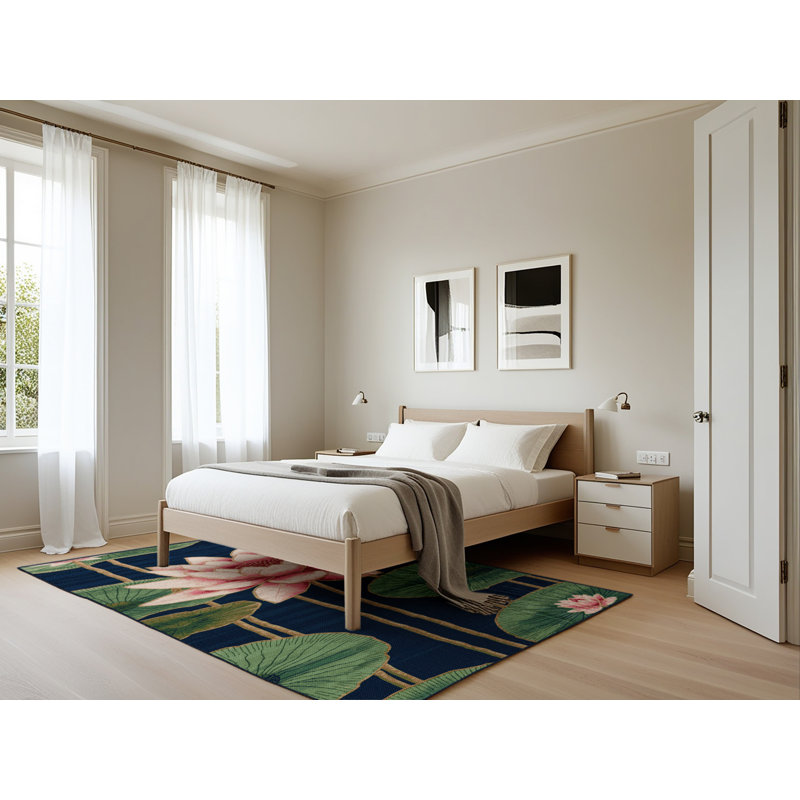 Tapis bleu botanique lavable à la machine, Rectangle 5 pi x 7 pi