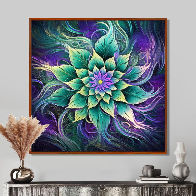 «Vibrant Green Futur Flower - Boho Mandala», reproduction d'art murale, Toile avec cadre flottant brun
