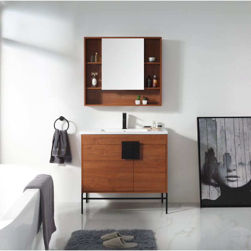 Ensemble de meuble-lavabo simple 36 po Maisie, Noir mat, Noyer épicé