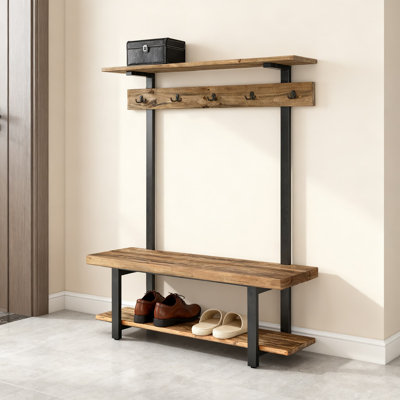 Pomona 48-Inch Solid Wood Hall Tree With Bench, Storage Shelves And Metal Coat Hooks For Entryway, Mudroom, Or Hallway Organization
