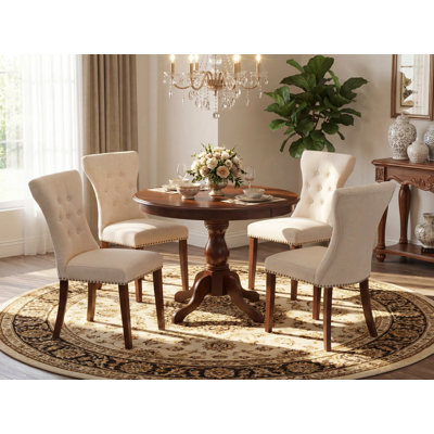 Ensemble de table de salle à manger 5 pièces comprenant une table de cuisine ronde avec piédestal et 4 chaises de salle à manger Parson en lin beige clair, acajou