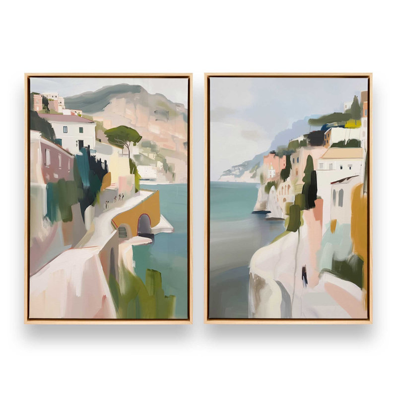 Ensemble de 2 estampes Cliffside Coastal Path, 36 po x 24 po, Cadre américain en érable flottant
