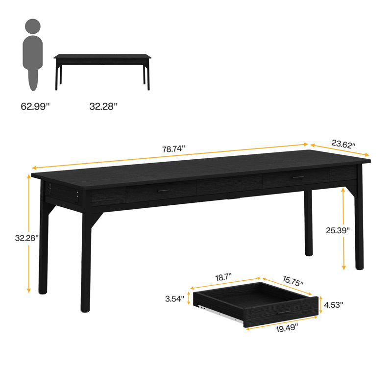 Black Engineered Wood Double Desk with Drawers