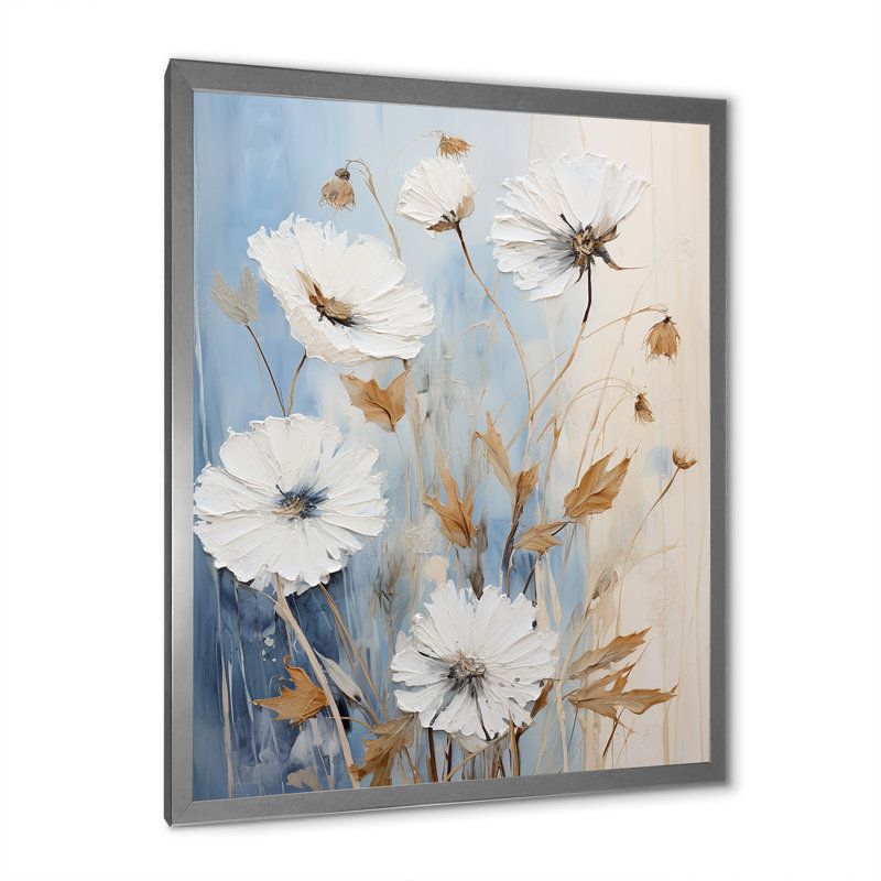«Minimal Beige and Blue Cornflowers Expression IV», reproduction d'art sur toile, Cadre simple argenté