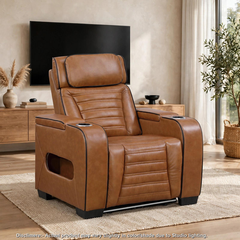 Cyrus Power Recliner w Headrest, Heat Massage, USB Ports, LED, Brown Leather, Brown Faux Leather
