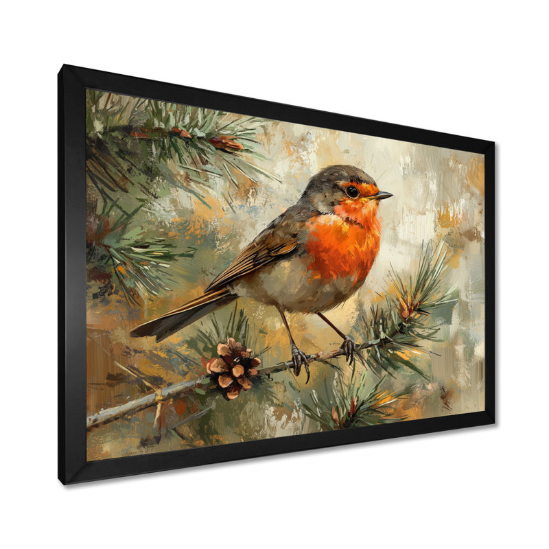 Oiseau Robin dans l'auvent II - art mural oiseau, Cadre simple, Noir, H 12 po x l 20 po