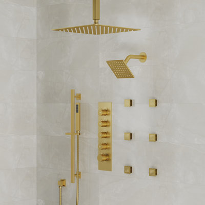 DualJetSpa 15-Spray Patterns 16" & 6" Dual Shower Heads, Shower Faucet  System with Thermostatic Rough-in Valve and Body Jets