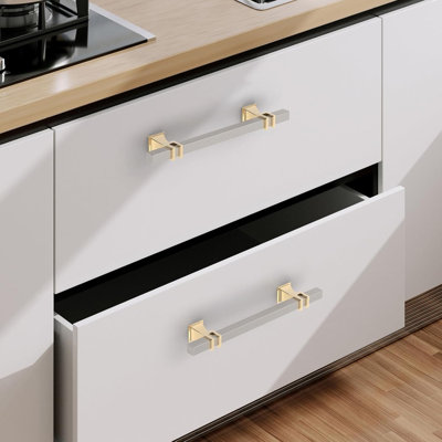 Paquet de 10 poignées d'armoire de 5 pouces, poignées d'armoire de cuisine en nickel satiné et doré brossé, poignées de tiroir en T pour armoires, armoires et garde-robes, trou central de 128 mm