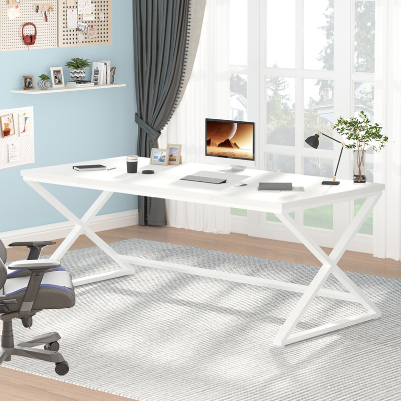 Bureau d'écriture, bureau industriel en bois et métal pour bureau d'écriture, Blanc / blanc