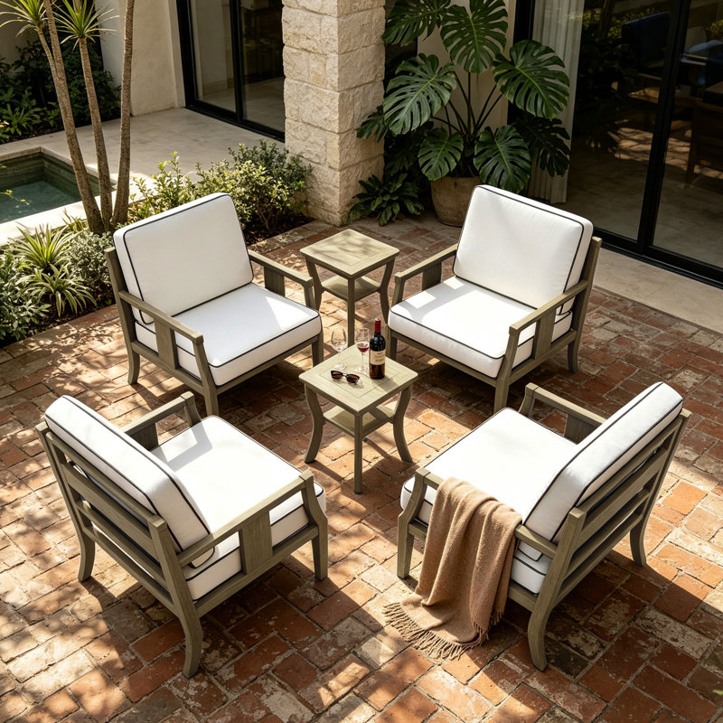 Ensemble de conversation d'extérieur en teck pour quatre personnes avec coussin et deux tables d'appoint, Beige, Brun