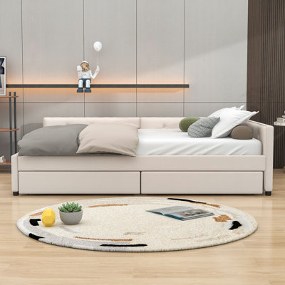 Linen Upholstered Daybed with USB Ports and Dual Storage Drawers by PV SUPPLIERS TO THE HOSPITALITY INDUSTRY, INC.