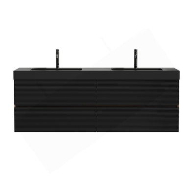Meuble-lavabo 60 po en noyer avec lavabo en quartz noir mat et tiroirs noirs doux, meuble-lavabo mural flottant pour salle de bain moderne, lavabo une pièce noir mat, pré-assemblé