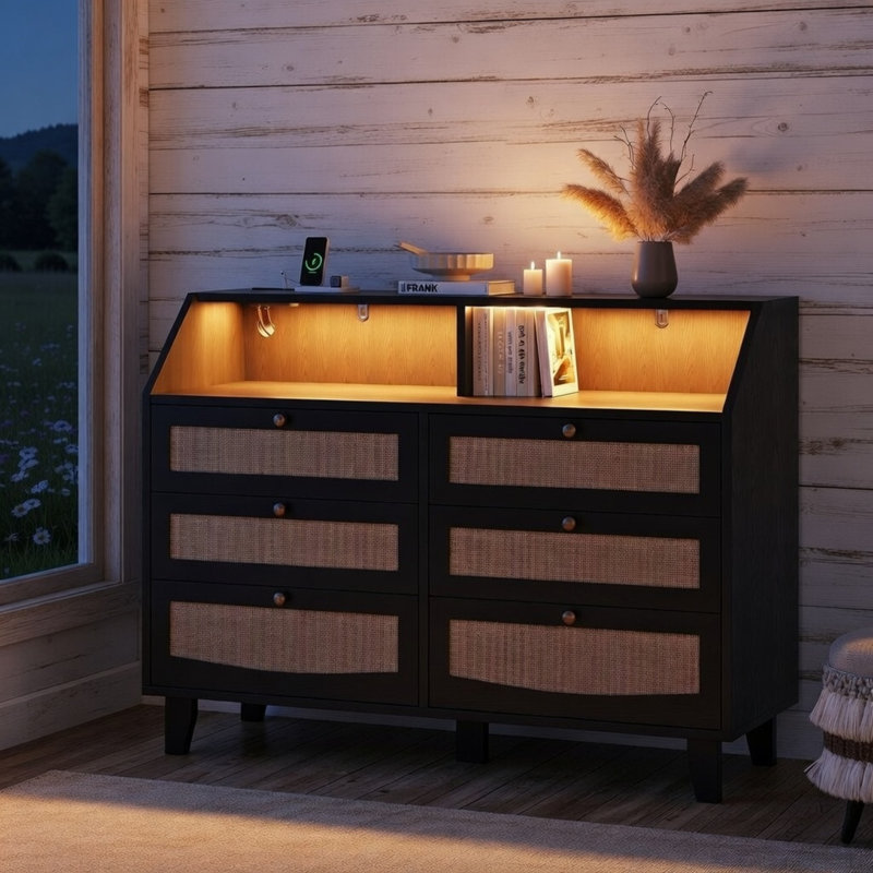 Commode 6 tiroirs en rotin naturel avec appliques et éclairage à DEL RVB, Noir