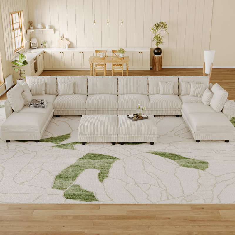 12 Seat Corduroy Convertible Modular Sectional Sofa With Storage, 8 Back Cushion 8 Throw Pillow, Beige Corduroy