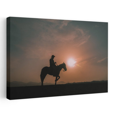 Western Rider Sunset Dramatic Peaceful Rustic Horse Landscape Nature Wall Art Print