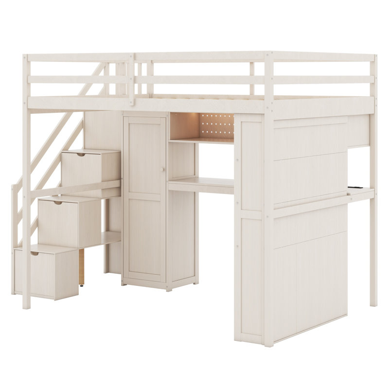 Space-Saving Loft Bed Frame with Integrated Wardrobe, Desk, Shelves and Lights, Beige