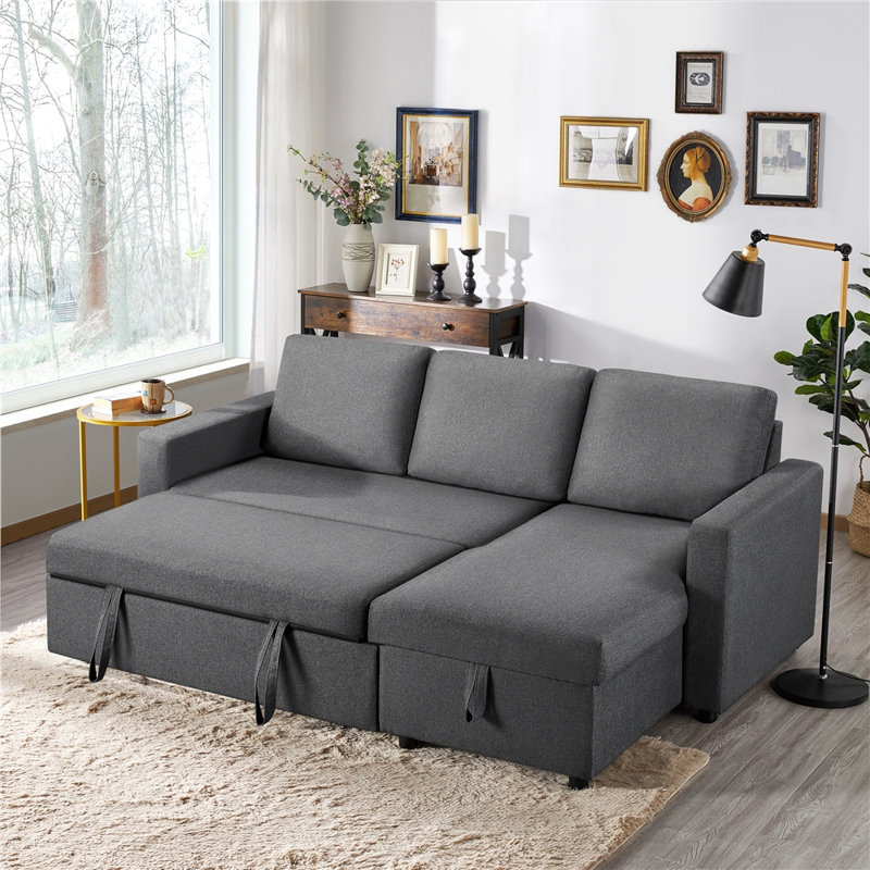 Reversible Sectional Sofa with Pull Out Bed and Storage For Limited Spaces, Dark Grey Polyester