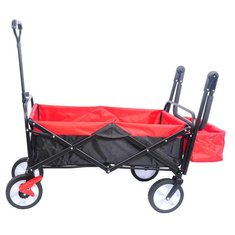Chariot pliant portatif - Wagon solide et extérieur avec frein de roue avant et porte-gobelet (noir + capacité utilitaire rouge de 150 livres)