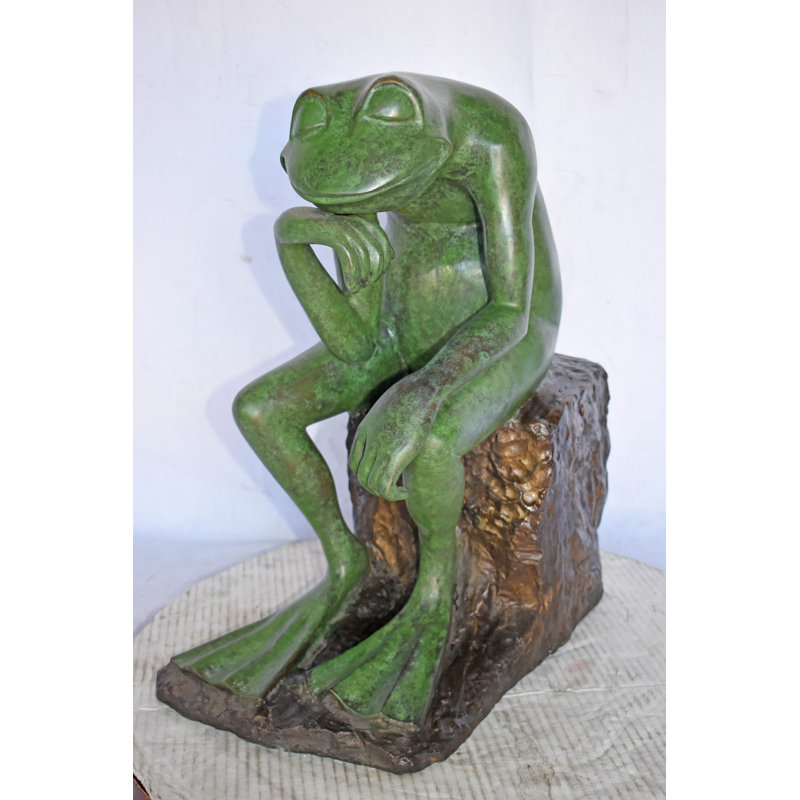 Statue bronze grenouille verte pensant - Taille: L 10 po x l 16 po x H 20 po.