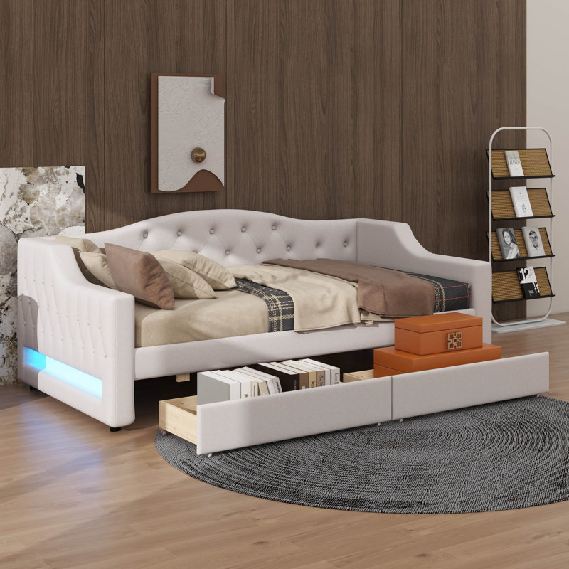 Lit de jour simple TG avec 2 bandes et 2 tiroirs, Beige