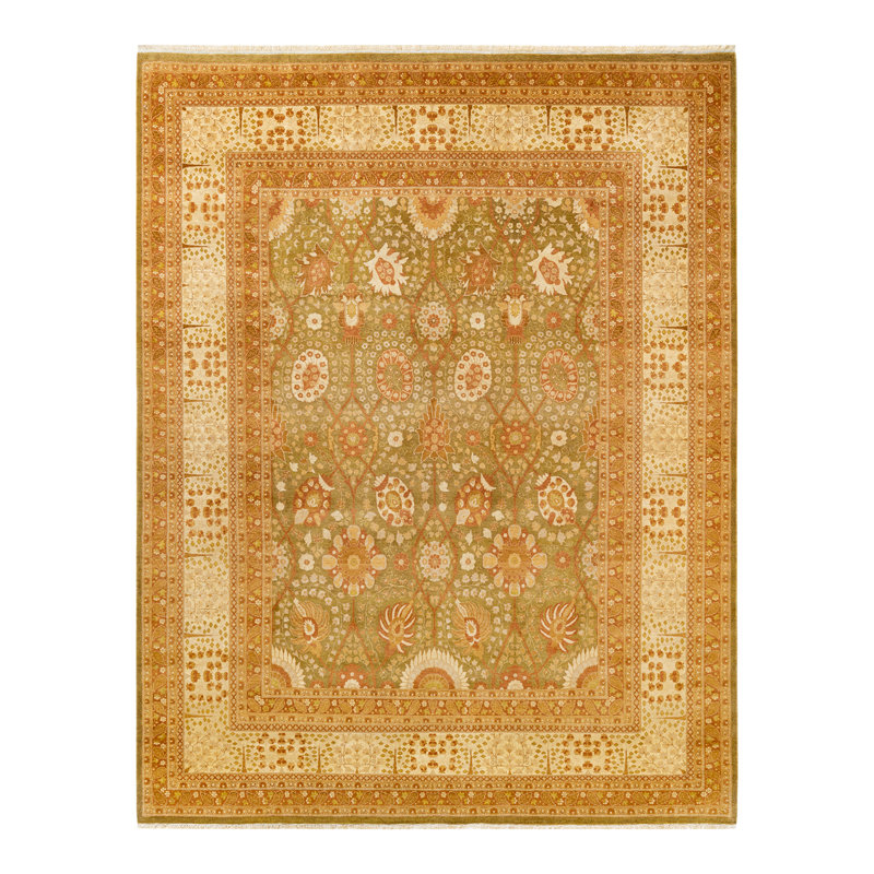 Tapis jaune / vert traditionnel noué à la main de conception unique 8 pi 1 po x 10 pi 2 po Satender