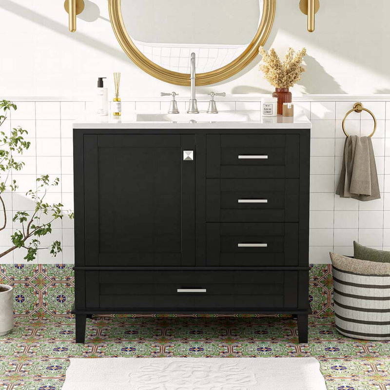 Meuble-lavabo moderne 36 po avec cadre en pin massif, 1 porte à fermeture douce et 3 tiroirs, armoire de rangement moderne