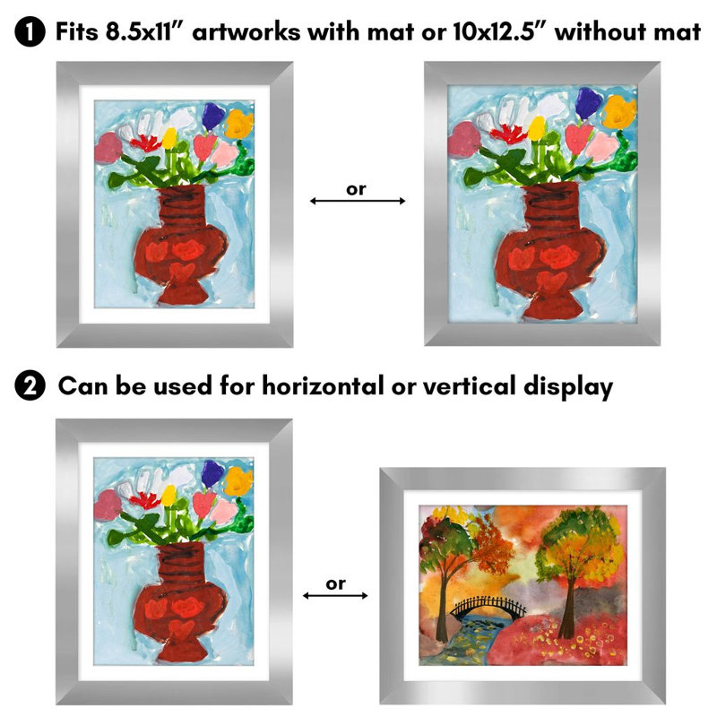 Wiedeman Kids Art Frame 10 x 12.5” with 8.5 x 11” Mat - Composite Wood with Glass (Set of 2), Silver