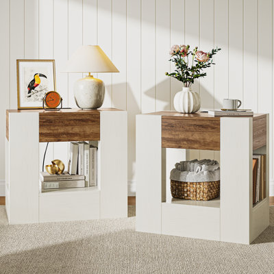 Set of 2 Thick Wood Modern Nightstand With Charging Station, 24" Wide Bedside Table Featuring Drawers and Open Storage Shelf