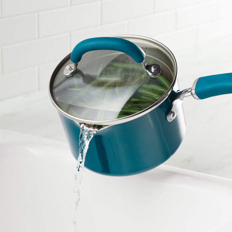 Teal 2-Quart Aluminum Nonstick Straining Saucepan with Glass Lid