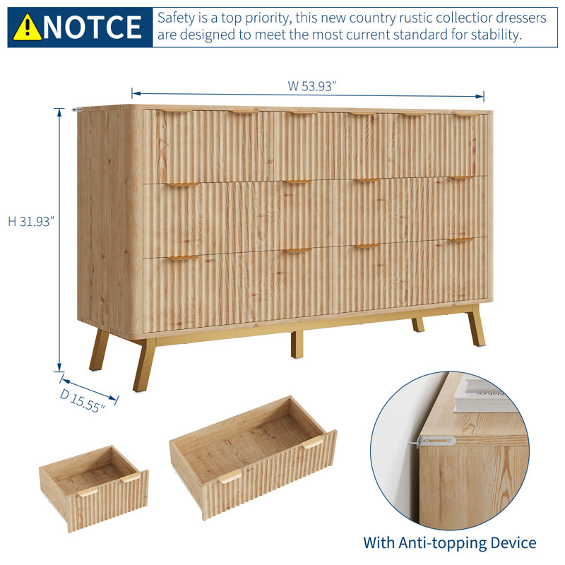 Modern Fluted 7 Drawer Dresser – Wavy Front Wooden Chest with Abrasion-Resistant Golden Handles & Iron Frame Base, Large Storage Organizer for Bedroom, Living Room, Entryway (Light Oak)