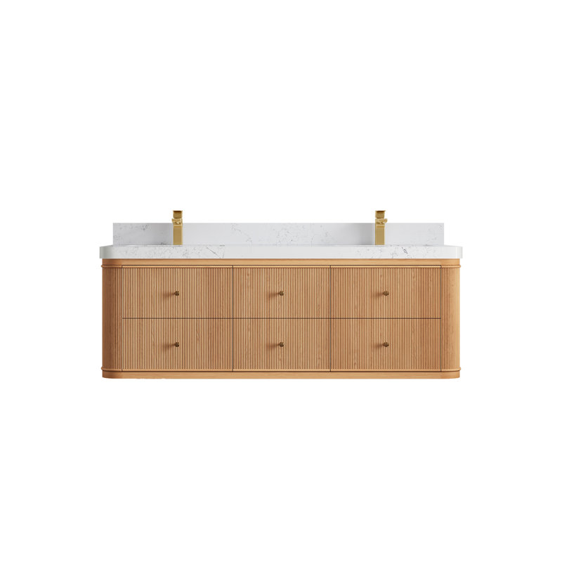 Hampton Floating Oak 60 In. W X 22 In. D Double Sink Bathroom Vanity In Dark Natural With 2 In. Quartz, Empira