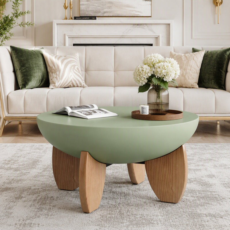 Table basse en forme de bol avec pieds en bois massif, plateau lisse peint, montage facile, style milieu du siècle, idéale pour les petits espaces (salon, appartement), vert sauge et noyer.