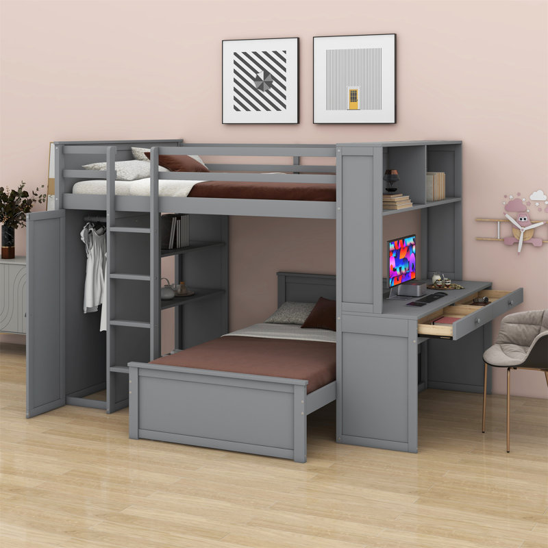 Joal Kids Full Bunk Bed with Drawers, Grey