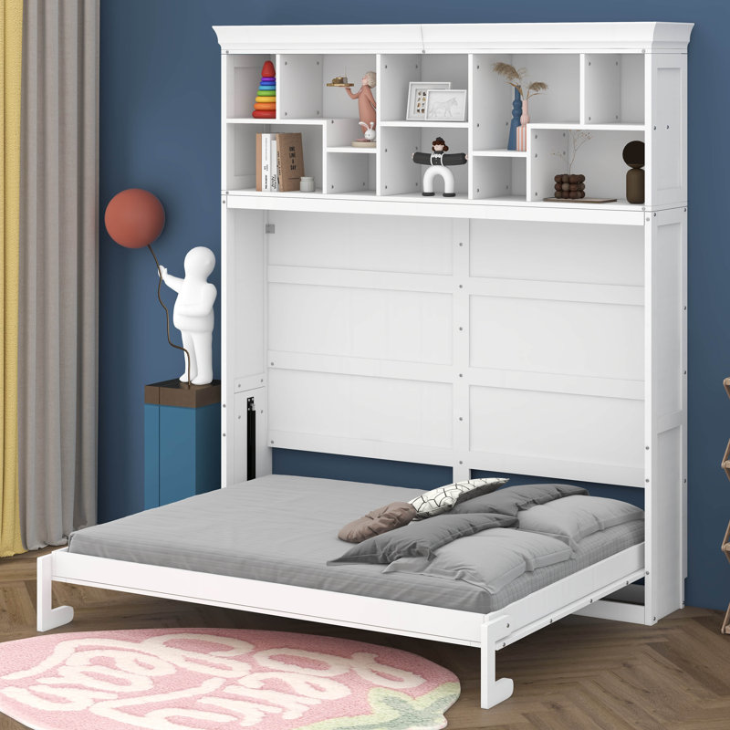 Grand lit escamotable mural avec tablettes supérieures et USB, lit escamotable horizontal dissimulé pour le bureau personnel d'une chambre d'amis