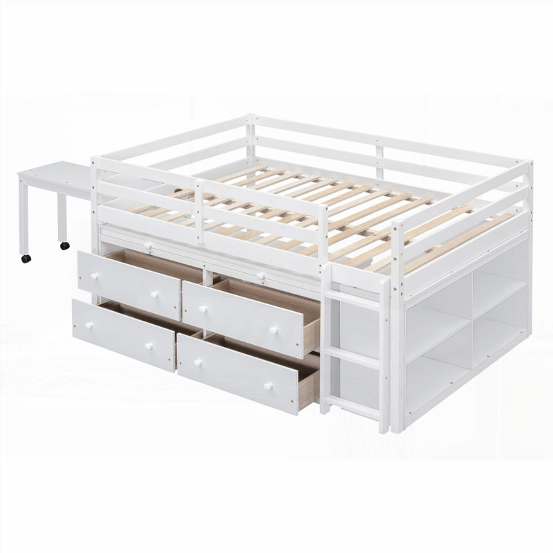 Lit mezzanine double avec bureau rétractable 4 tiroirs, fabrication en bois massif, Blanc