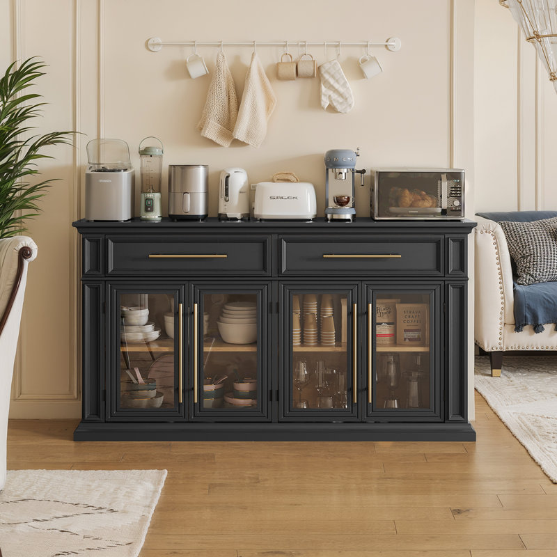  63" Wide 2 Drawer Sideboard Buffet, Farmhouse 4 Doors Credenza Storage Cabinets With Adjustable Shelves,black, Black