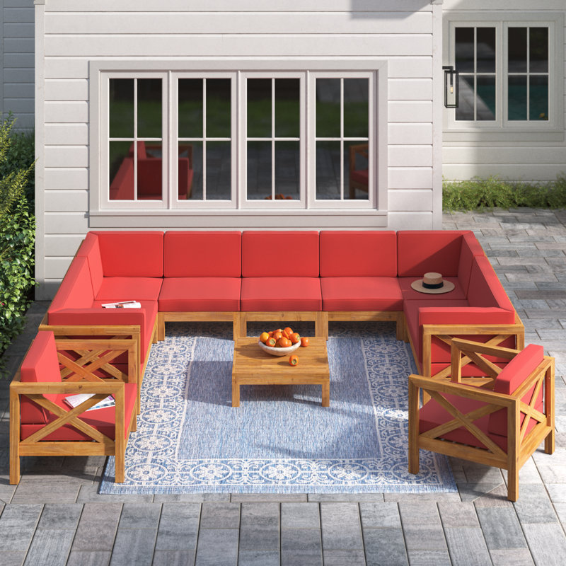 Jacklyn 10-Piece Modular Outdoor Sectional with Cushions , Teak Frame / Red Cushion