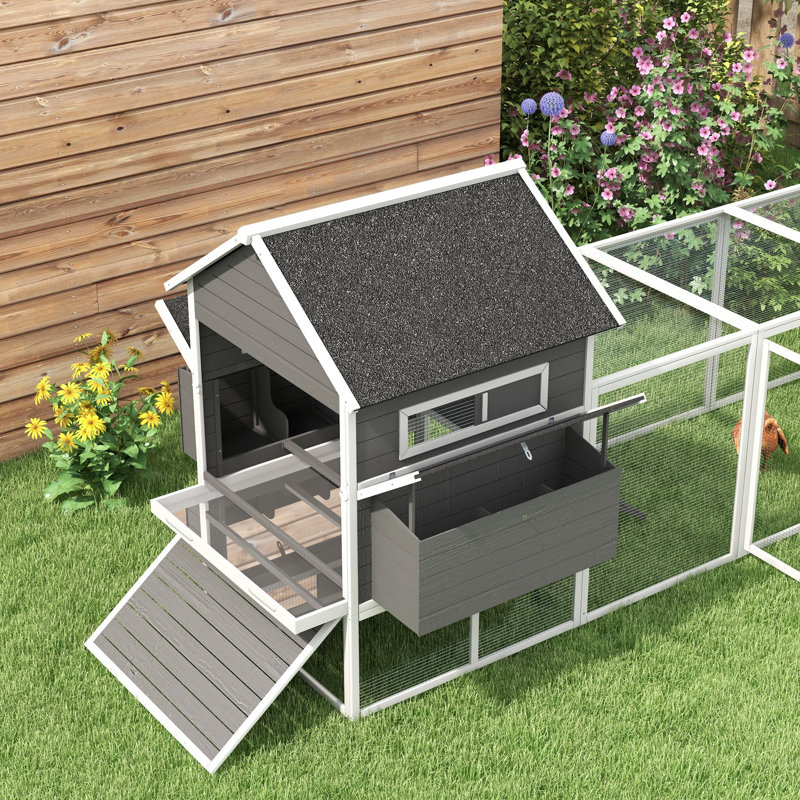 137" Chicken Coop For 8-10 Chickens, Large Chicken House, Wooden Poultry Hen Cage With Nesting Box And Run For Backyard, Gray