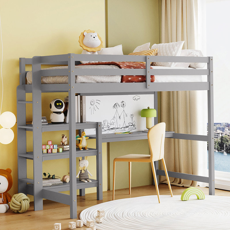 Lit mezzanine en bois avec tablette et plateau d'écriture, Gris, Simple